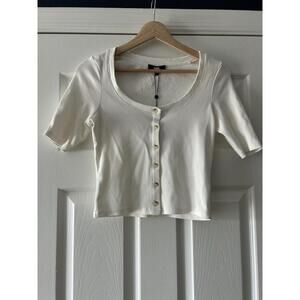 Paige Off White Scoop Button Front Short Sleeve Crop Top Sz XSmall